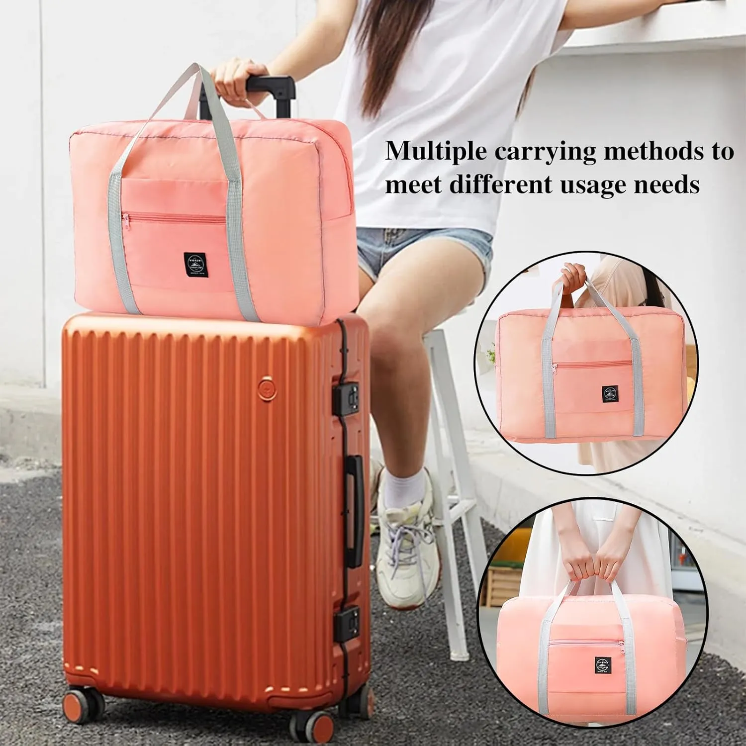 2 Pack Foldable Travel Duffel Bag with Trolley Sleeve, Lightweight Collapsible Luggage Bags for Traveling, Folding Over Night Bag, Carry on Weekender Bags for Women Men Clearance (Pink)