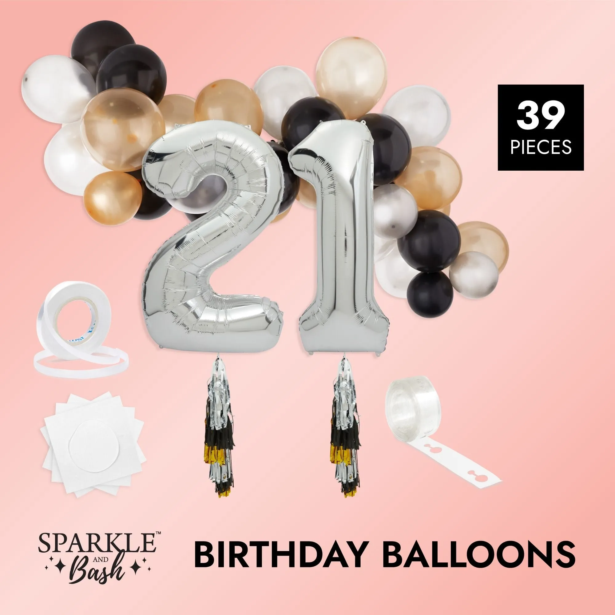 21st Birthday Party Decorations, Number 21 Balloons with Tassel Tail (39 Pieces)