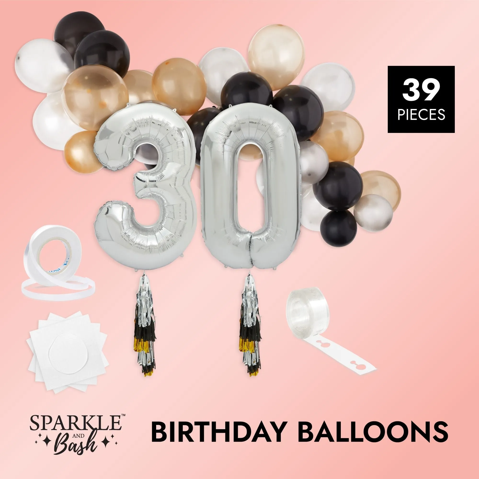 30th Birthday Party Decorations, Number 30 Balloons with Tassel Tail (39 Pieces)