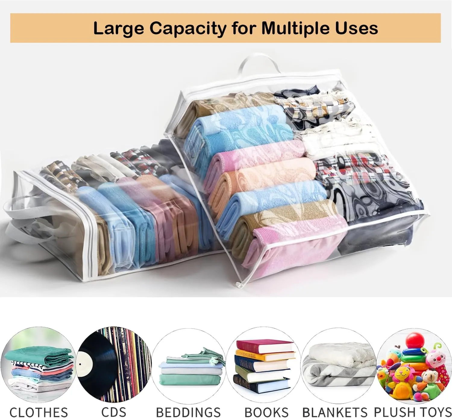 5-Pack Clear Zippered Storage Bags for Clothes, Blankets & Toys - 22L Transparent Organizers with Handles, Transparency Design for Bedding, Linen, Comforters, Closet & Travel Storage (White)
