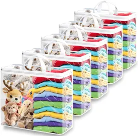 5-Pack Clear Zippered Storage Bags for Clothes, Blankets & Toys - 22L Transparent Organizers with Handles, Transparency Design for Bedding, Linen, Comforters, Closet & Travel Storage (White)