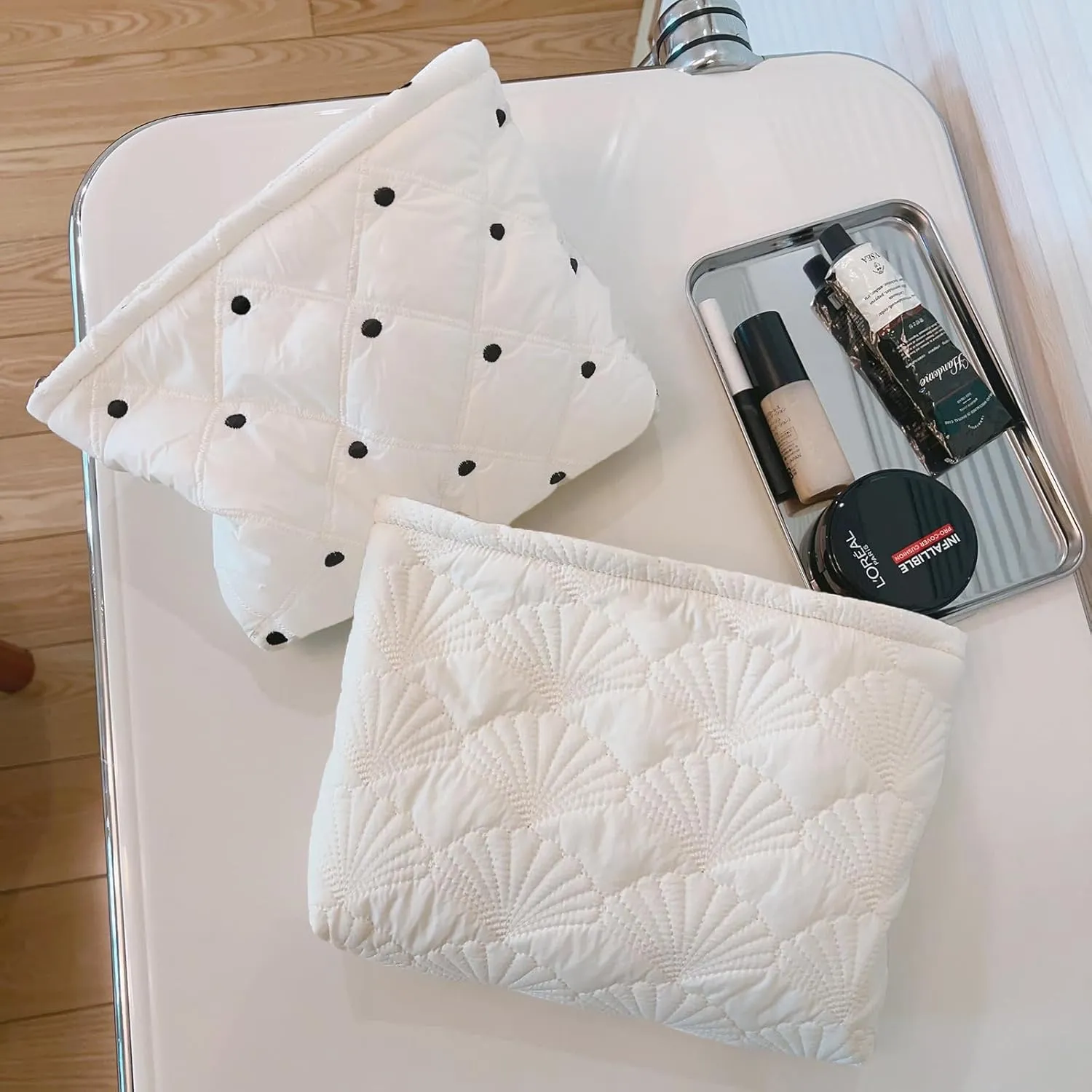Aesthetic Quilted Makeup Bag Cosmetic Travel Pouch Purse Organizer, Canvas Lined, Cute Embroidery Shells Creamy White Silky Polyester