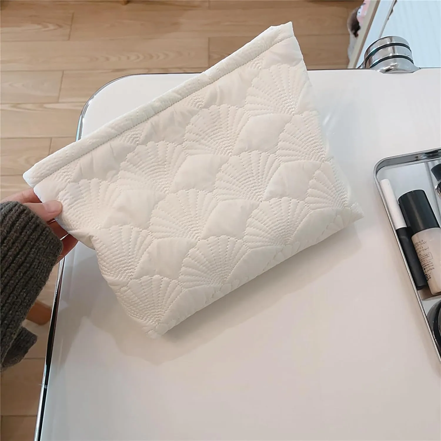 Aesthetic Quilted Makeup Bag Cosmetic Travel Pouch Purse Organizer, Canvas Lined, Cute Embroidery Shells Creamy White Silky Polyester