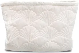 Aesthetic Quilted Makeup Bag Cosmetic Travel Pouch Purse Organizer, Canvas Lined, Cute Embroidery Shells Creamy White Silky Polyester