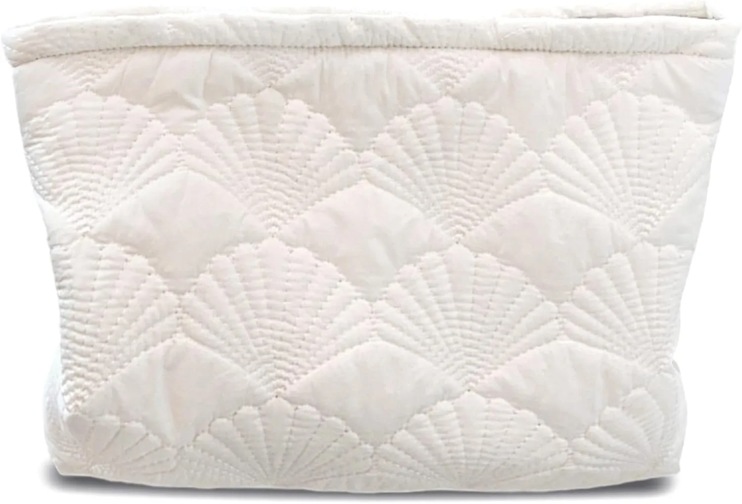 Aesthetic Quilted Makeup Bag Cosmetic Travel Pouch Purse Organizer, Canvas Lined, Cute Embroidery Shells Creamy White Silky Polyester