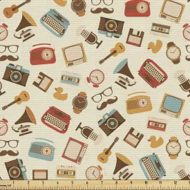Ambesonne Vintage Fabric by The Yard, Retro Pattern Old Fashioned Alarm Clock Typewriter Gramophone Radio Cassette, Decorative Fabric for Upholstery and Home Accents, 3 Yards, Cream Beige