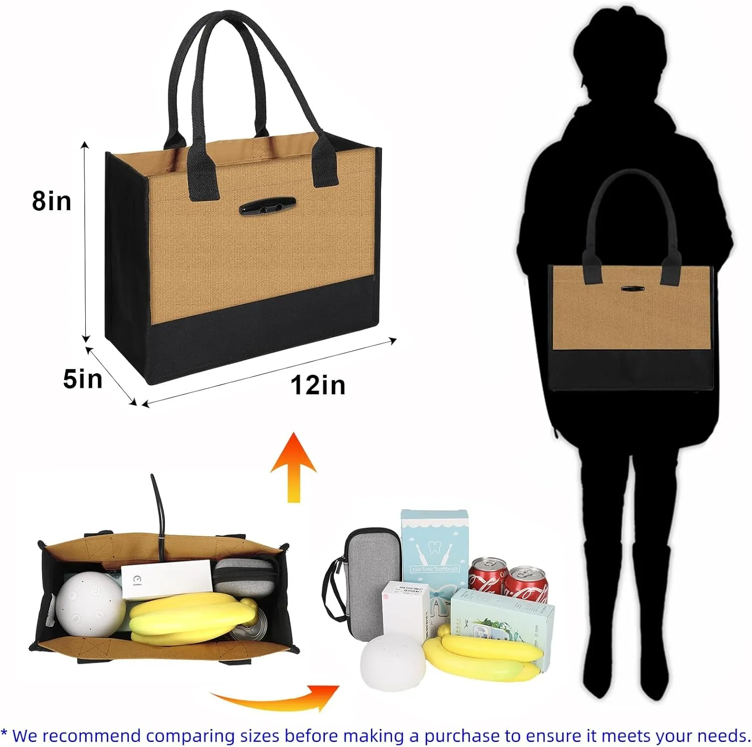 Aricsen Small Canvas Shopping Tote Bag with Handles for Women Gift Grocery Beach Holidays, Reusable Blank Clearance Eco Burlap Cloth Jute Fabric Handbag for Kitchen, Black & Brown.