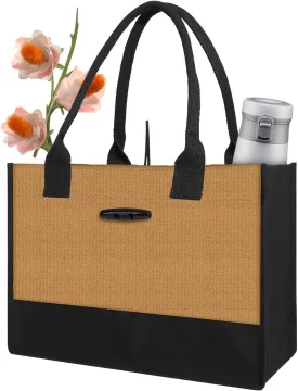 Aricsen Small Canvas Shopping Tote Bag with Handles for Women Gift Grocery Beach Holidays, Reusable Blank Clearance Eco Burlap Cloth Jute Fabric Handbag for Kitchen, Black & Brown.