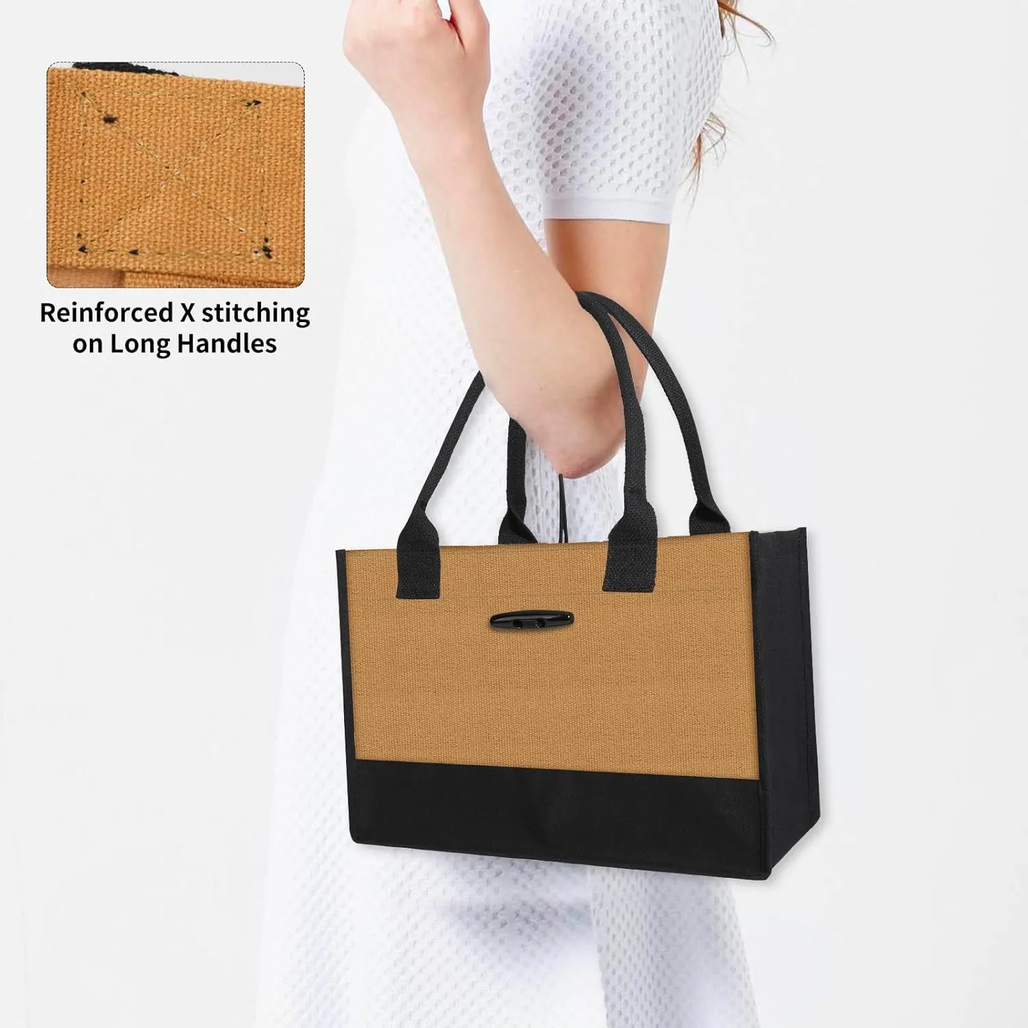 Aricsen Small Canvas Shopping Tote Bag with Handles for Women Gift Grocery Beach Holidays, Reusable Blank Clearance Eco Burlap Cloth Jute Fabric Handbag for Kitchen, Black & Brown.
