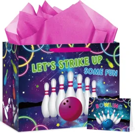 Bowling Birthday Gift Bag for Boys Girls Kids Teens Large Bowling Party Favor Gift Bag with Bowling Birthday Wrapping Paper Card for Sport Themed Bowling Bday Decorations Party Supplies