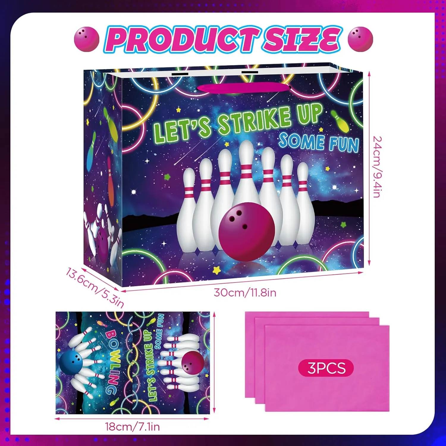 Bowling Birthday Gift Bag for Boys Girls Kids Teens Large Bowling Party Favor Gift Bag with Bowling Birthday Wrapping Paper Card for Sport Themed Bowling Bday Decorations Party Supplies