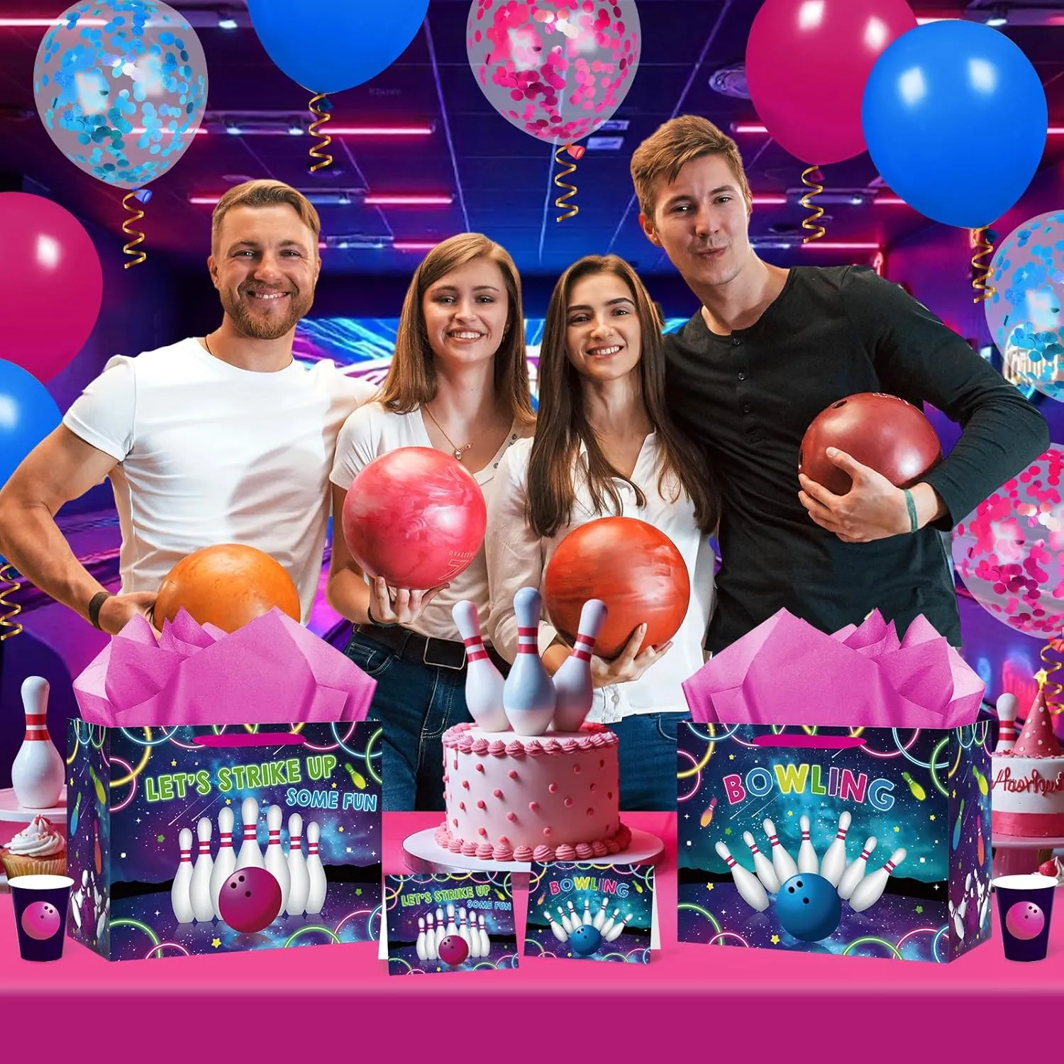 Bowling Birthday Gift Bag for Boys Girls Kids Teens Large Bowling Party Favor Gift Bag with Bowling Birthday Wrapping Paper Card for Sport Themed Bowling Bday Decorations Party Supplies