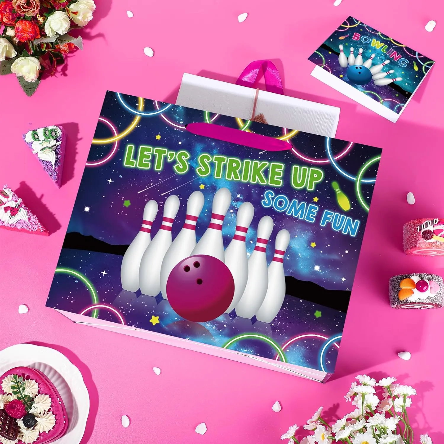 Bowling Birthday Gift Bag for Boys Girls Kids Teens Large Bowling Party Favor Gift Bag with Bowling Birthday Wrapping Paper Card for Sport Themed Bowling Bday Decorations Party Supplies