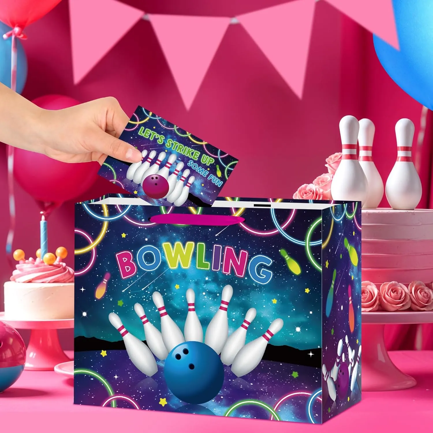 Bowling Birthday Gift Bag for Boys Girls Kids Teens Large Bowling Party Favor Gift Bag with Bowling Birthday Wrapping Paper Card for Sport Themed Bowling Bday Decorations Party Supplies