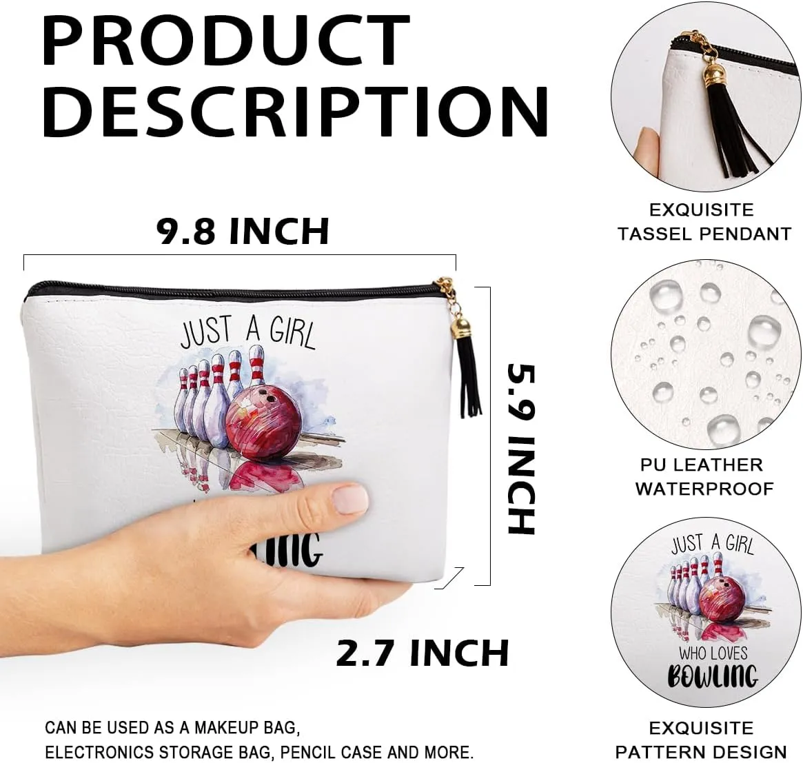 Bowling Gifts for Women Makeup Bag, Bowling Party Favors, Gifts for Bowling Lovers, Funny Bowling Accessories Gifts for Women Sisters Besties Daughter Waterproof PU Leather Bowling Cosmetic Bag