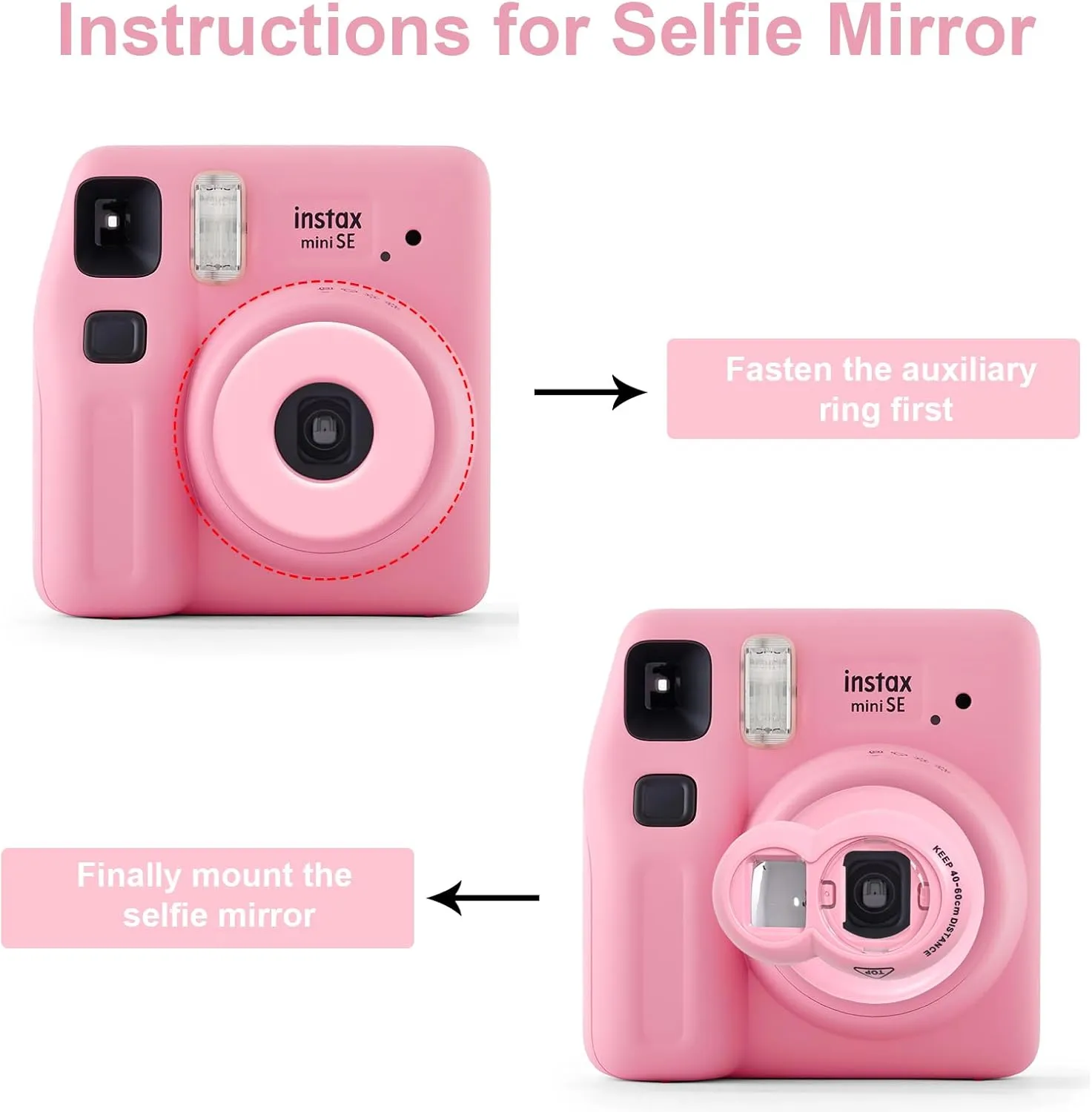 CAIYOULE Accessories for Fujifilm Instax Mini SE/7 /7c/7s Instant Camera Case Mini Film Album Photo Frames DIY Stickers Selfie Mirror Assist Circle Bundle Include PU Leather Bag-Pink (No Camera)