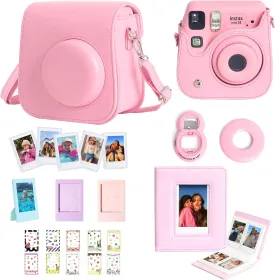 CAIYOULE Accessories for Fujifilm Instax Mini SE/7 /7c/7s Instant Camera Case Mini Film Album Photo Frames DIY Stickers Selfie Mirror Assist Circle Bundle Include PU Leather Bag-Pink (No Camera)