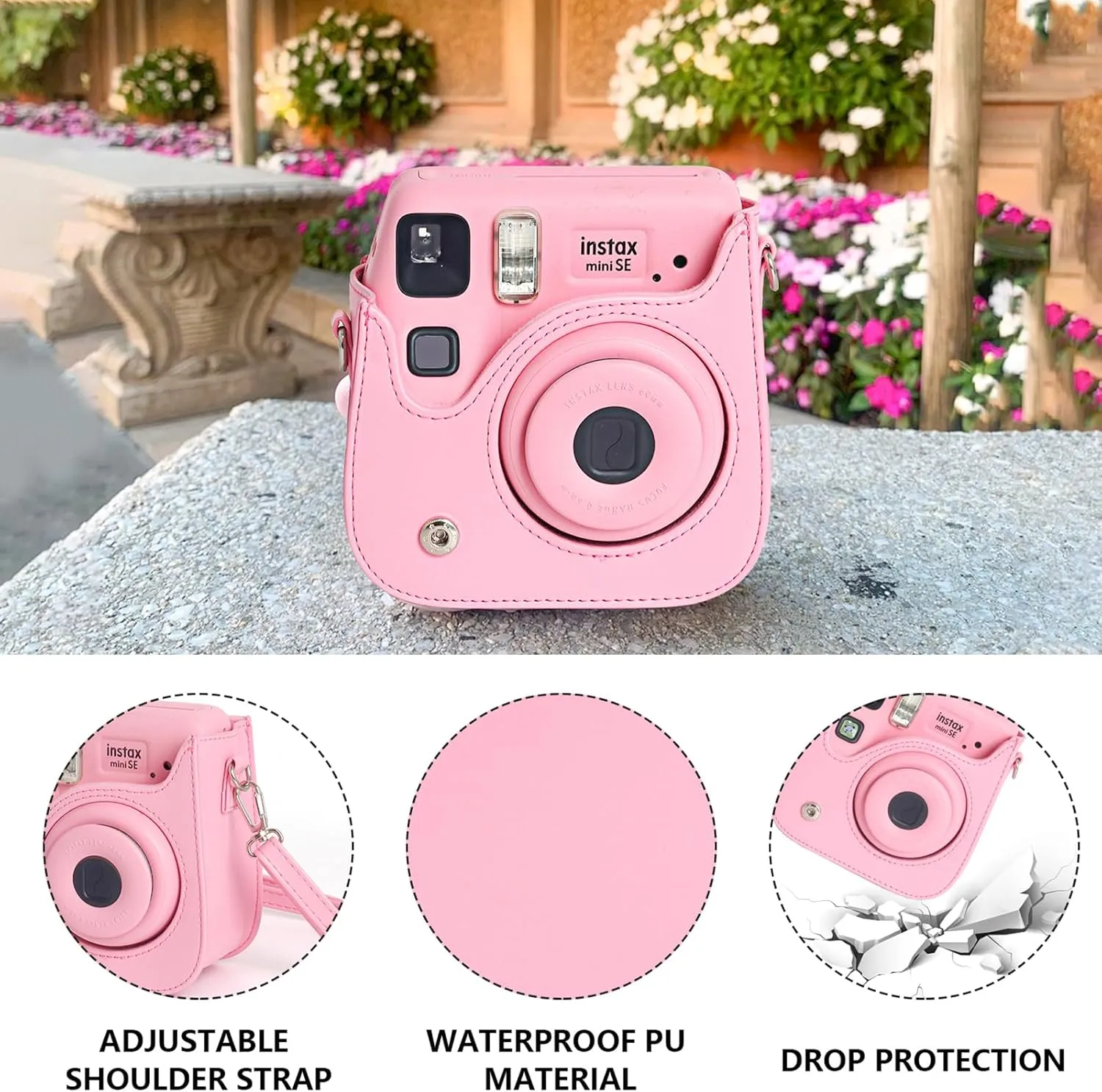 CAIYOULE Accessories for Fujifilm Instax Mini SE/7 /7c/7s Instant Camera Case Mini Film Album Photo Frames DIY Stickers Selfie Mirror Assist Circle Bundle Include PU Leather Bag-Pink (No Camera)