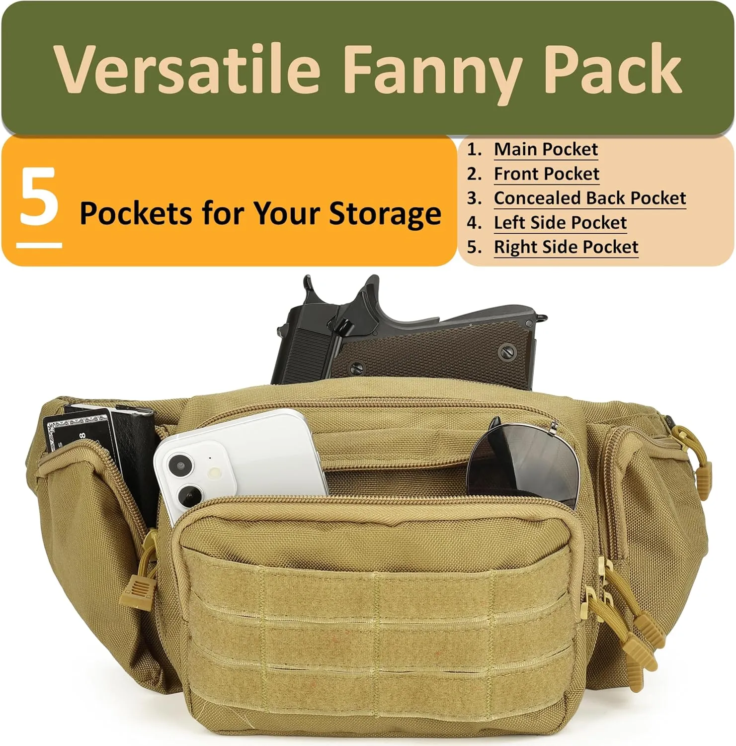 Concealed Carry Fanny Pack, Quick-Release Metal-Buckle Tactical Fanny Pisto Pack for Men, Military Molle Pistol Waist Bag