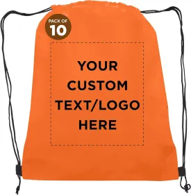 DISCOUNT PROMOS Custom Non-Woven Drawstring Backpacks Set of 10, Personalized Bulk Pack - Bring Everywhere You Go, Great for Travelling, Gym and for Everyday Use - Orange