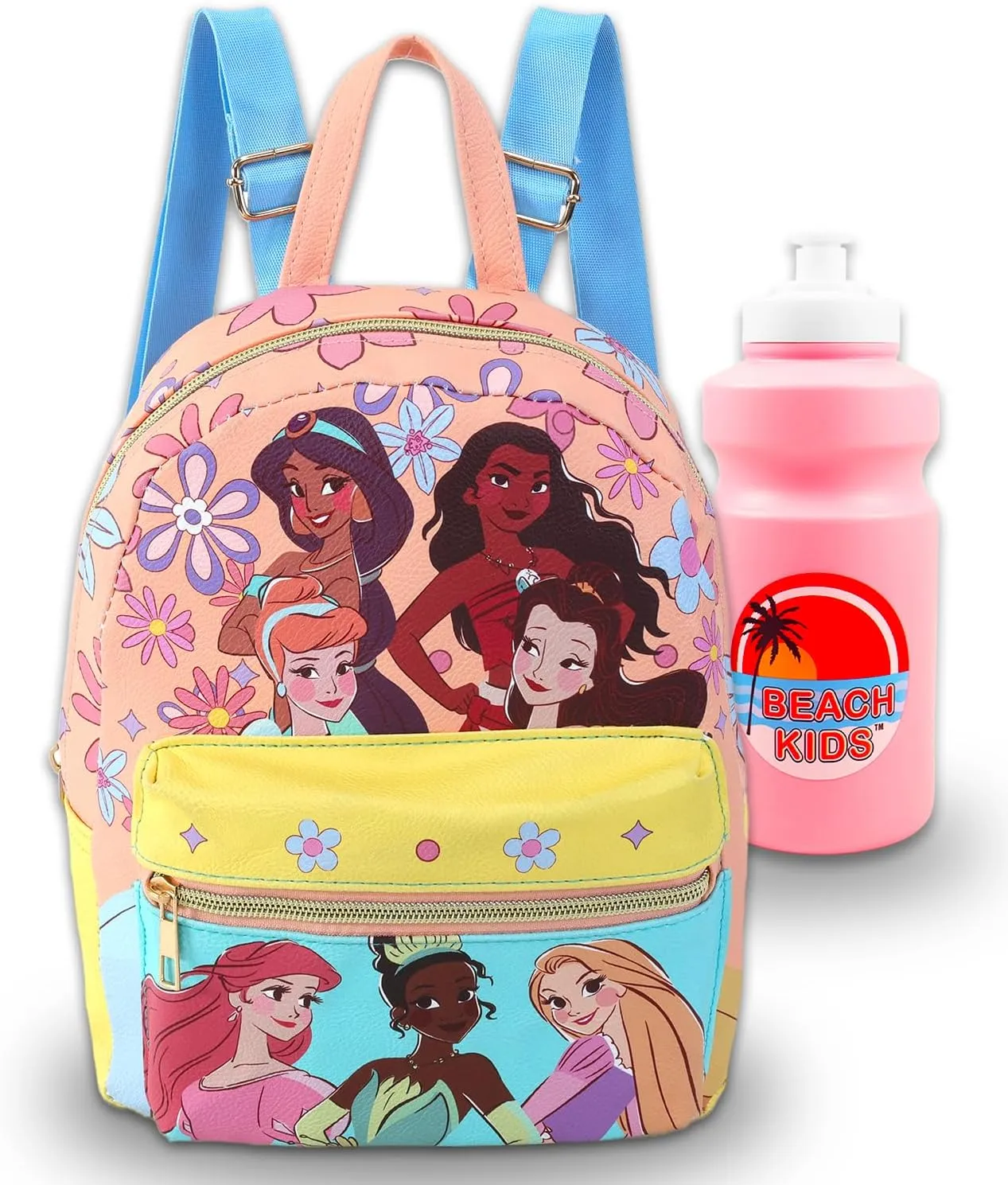 Disney Princess Mini Backpack Set - Bundle with 10 Faux Leather Disney Backpack with Front Pocket, Water Bottle Featuring Moana, Ariel, More | Disney Princess Backpack Purse for Kids
