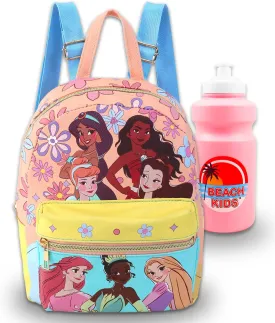 Disney Princess Mini Backpack Set - Bundle with 10 Faux Leather Disney Backpack with Front Pocket, Water Bottle Featuring Moana, Ariel, More | Disney Princess Backpack Purse for Kids