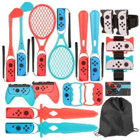 EOVOLA 18 in 1 Accessories Kit for Nintendo Switch / OLED Sports Games, Tennis Rackets, Comfort Grips Golf Clubs, Swords, Wrist Bands and Leg Strap Etc.-With Storage Bag