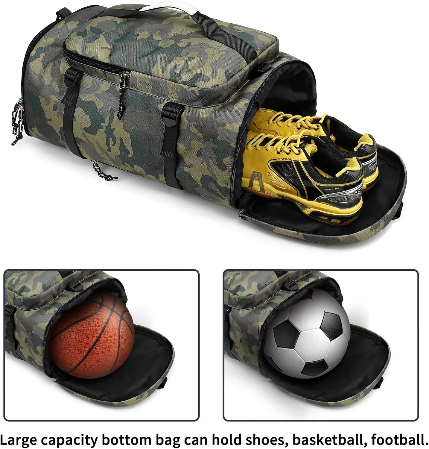 Floral gym duffel bag backpack, fashion wrestling bag,with shoe compartment, 4 kinds of back method waterproof travel sports walking laptop Lightweight (A-Camouflage)