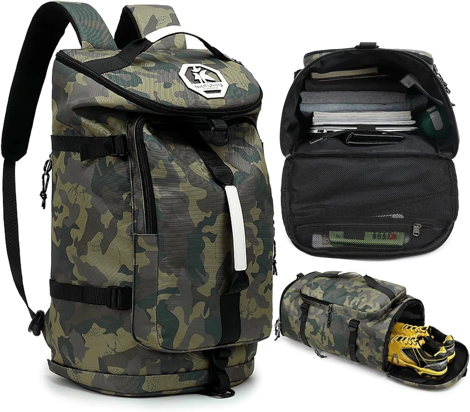 Floral gym duffel bag backpack, fashion wrestling bag,with shoe compartment, 4 kinds of back method waterproof travel sports walking laptop Lightweight (A-Camouflage)
