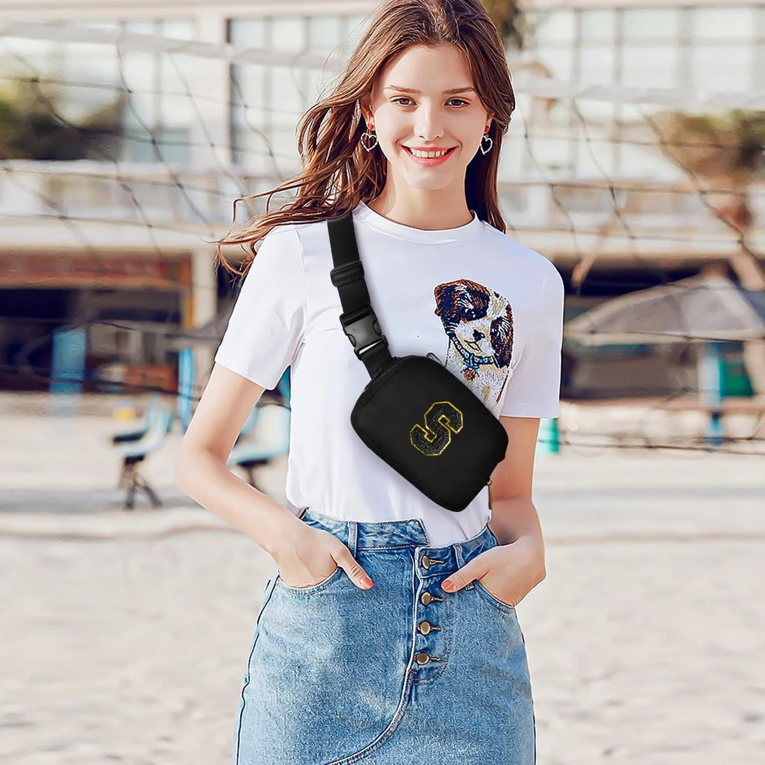Gitus Belt Bag Fanny Pack Crossbody Bags with Initial Letter Patch Gifts for Wife Older Women Mother Coworker Bridesmaid Anniversary Travel Gifts Beach Gifts (Black-S)