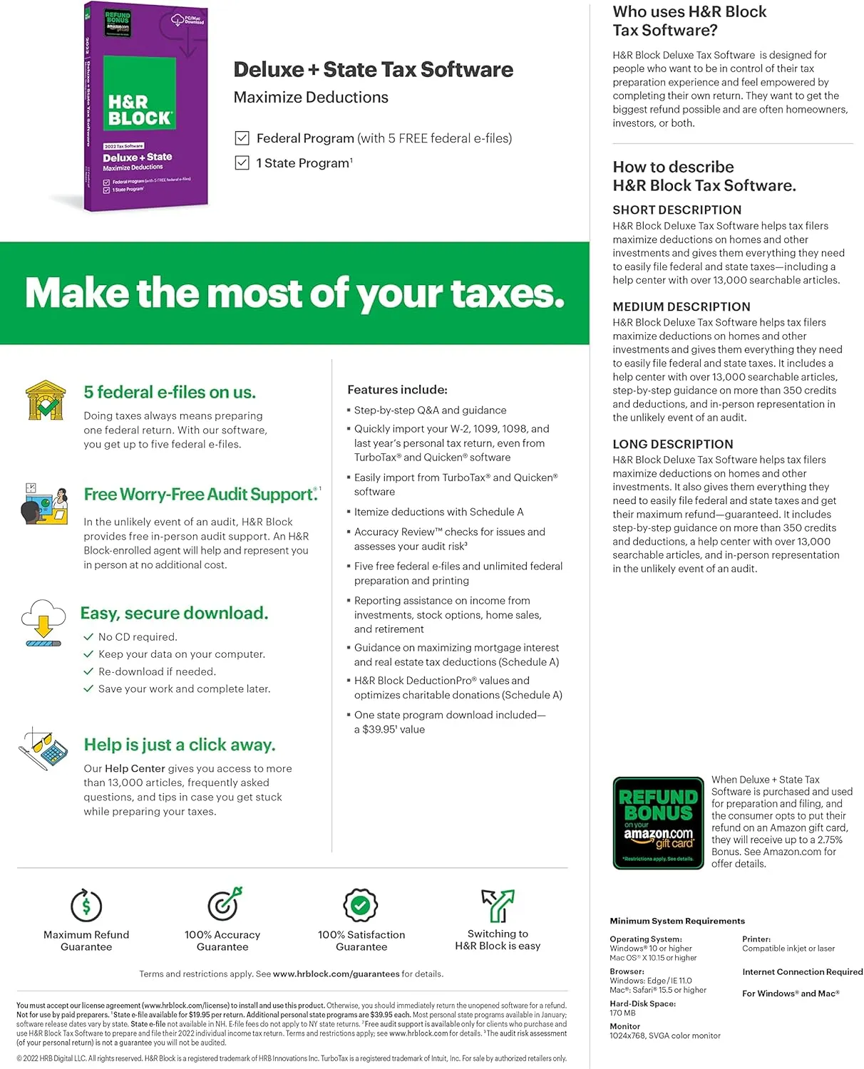 H&R Block Tax Software Deluxe   State 2022 with Refund Bonus Offer (Amazon Exclusive) [Mac Download] (Old Version)