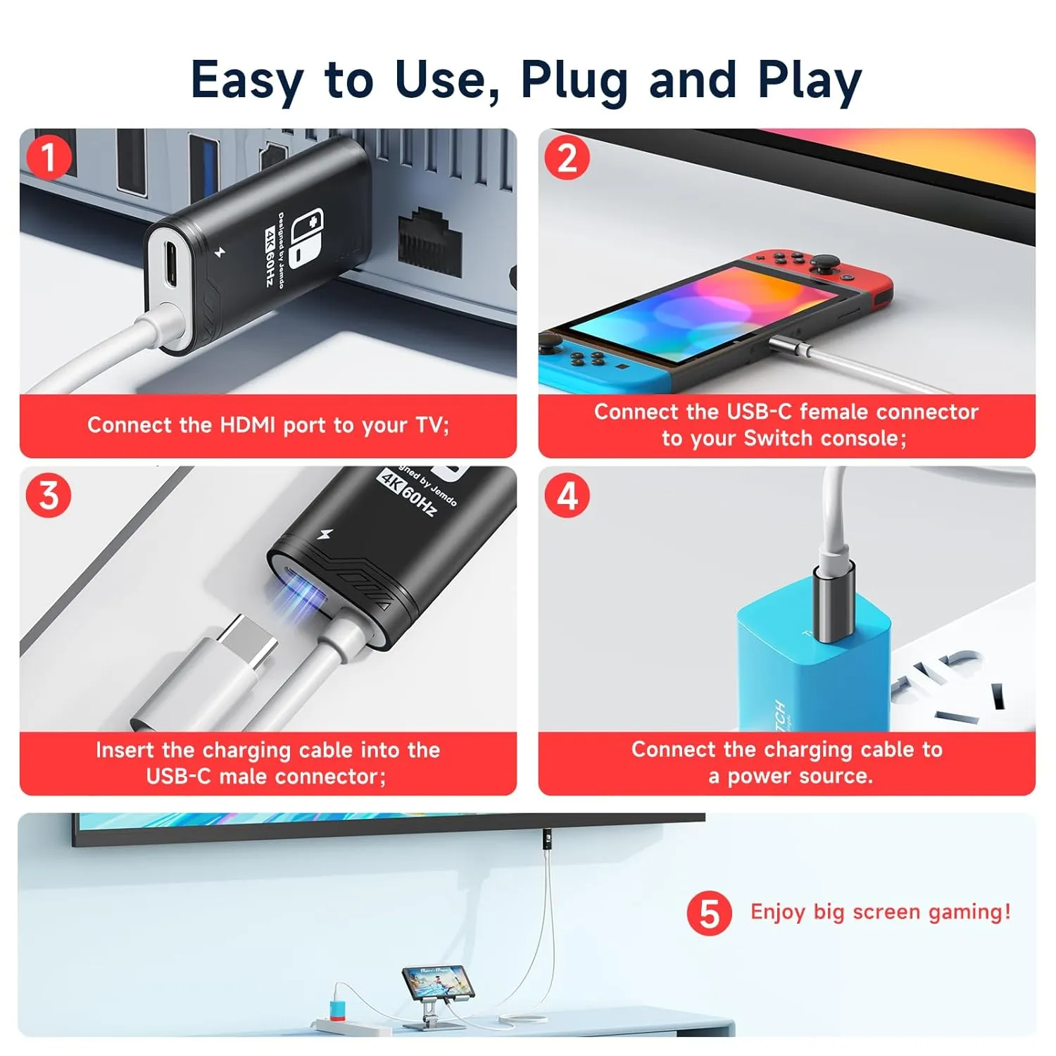 JINGDU 4K@60Hz USB C to HDMI Cable for Nintendo Switch NS/OLED/Steam Deck/ROG Ally, 2m/6.6FT, Portable USB-C to HDMI Cord Replaces The Original Switch Dock for TV Screen Mirroring, Black