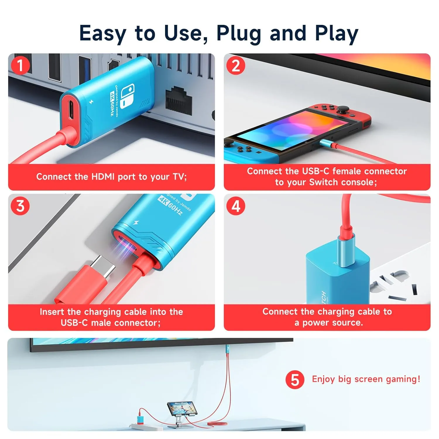 JINGDU 4K@60Hz USB C to HDMI Cable for Nintendo Switch NS/OLED/Steam Deck/ROG Ally, 2m/6.6FT, Portable USB-C to HDMI Cord Replaces The Original Switch Dock for TV Screen Mirroring, Blue