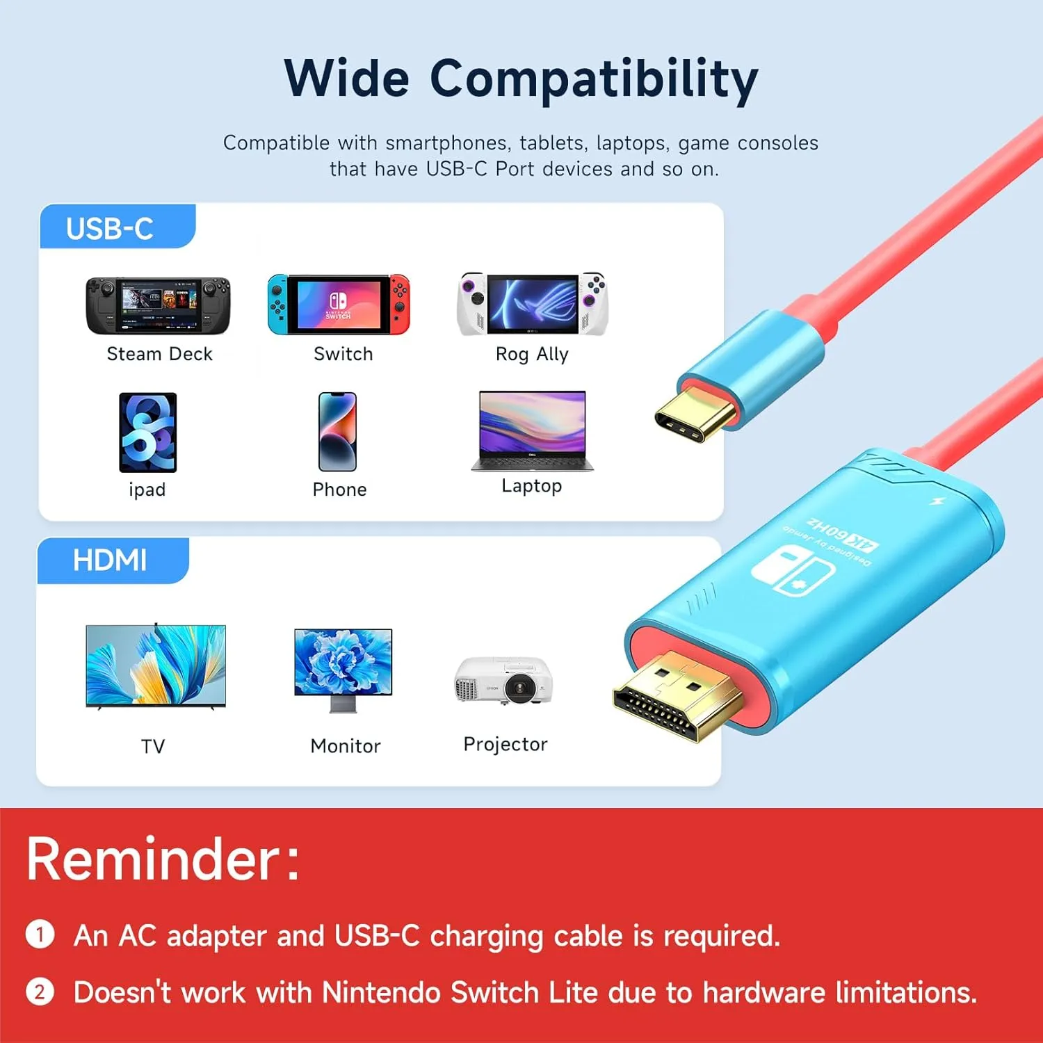 JINGDU 4K@60Hz USB C to HDMI Cable for Nintendo Switch NS/OLED/Steam Deck/ROG Ally, 2m/6.6FT, Portable USB-C to HDMI Cord Replaces The Original Switch Dock for TV Screen Mirroring, Blue
