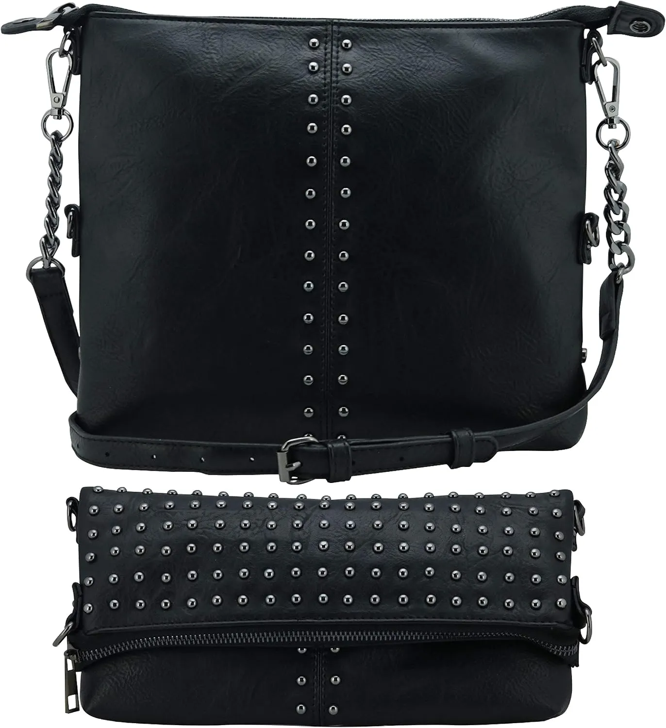 K&Bo Stevie Womens Studded Chain Crossbody Handbag Purse, Rocker Chic Boho Medium, Converts to Clutch Bag, Lightweight