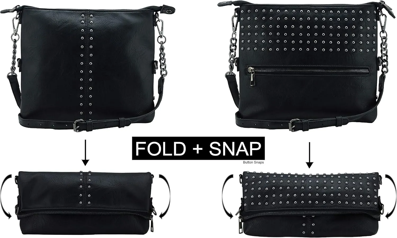 K&Bo Stevie Womens Studded Chain Crossbody Handbag Purse, Rocker Chic Boho Medium, Converts to Clutch Bag, Lightweight