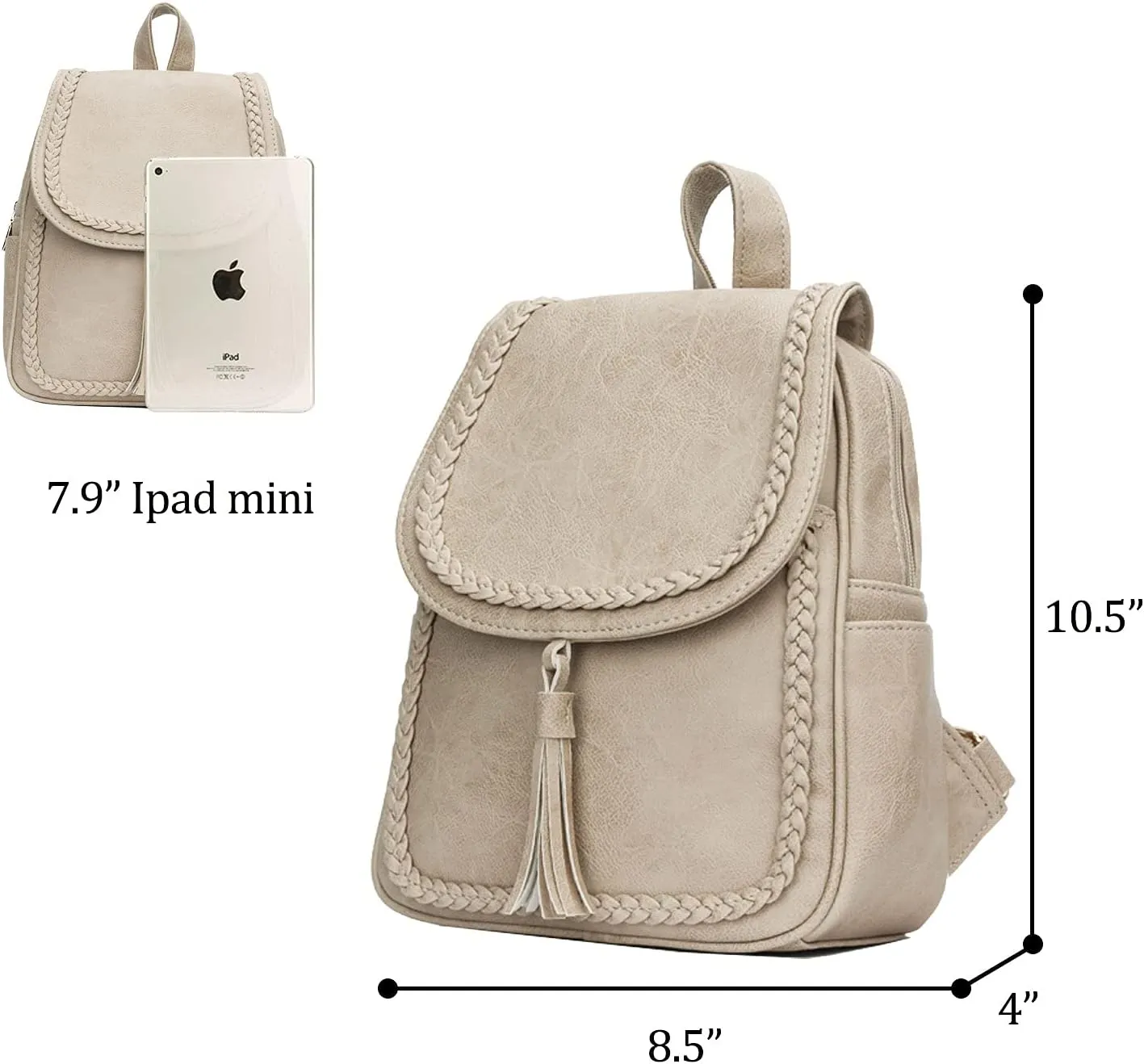 KKXIU Fashion Small Synthetic Leather Backpack Purse For Women and Ladies with Tassel (beige)