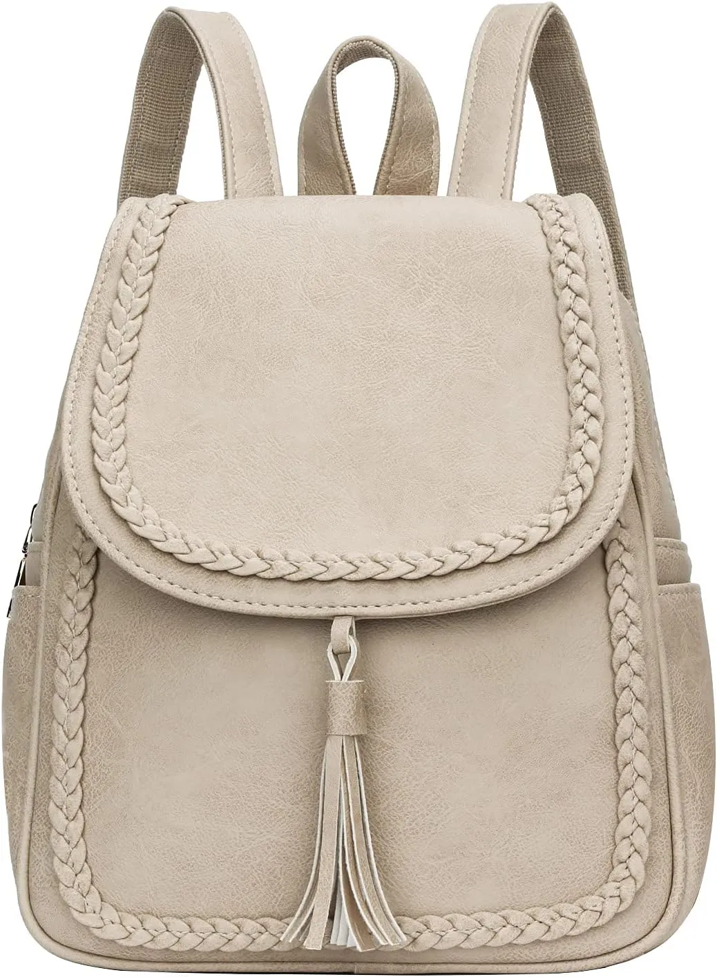 KKXIU Fashion Small Synthetic Leather Backpack Purse For Women and Ladies with Tassel (beige)