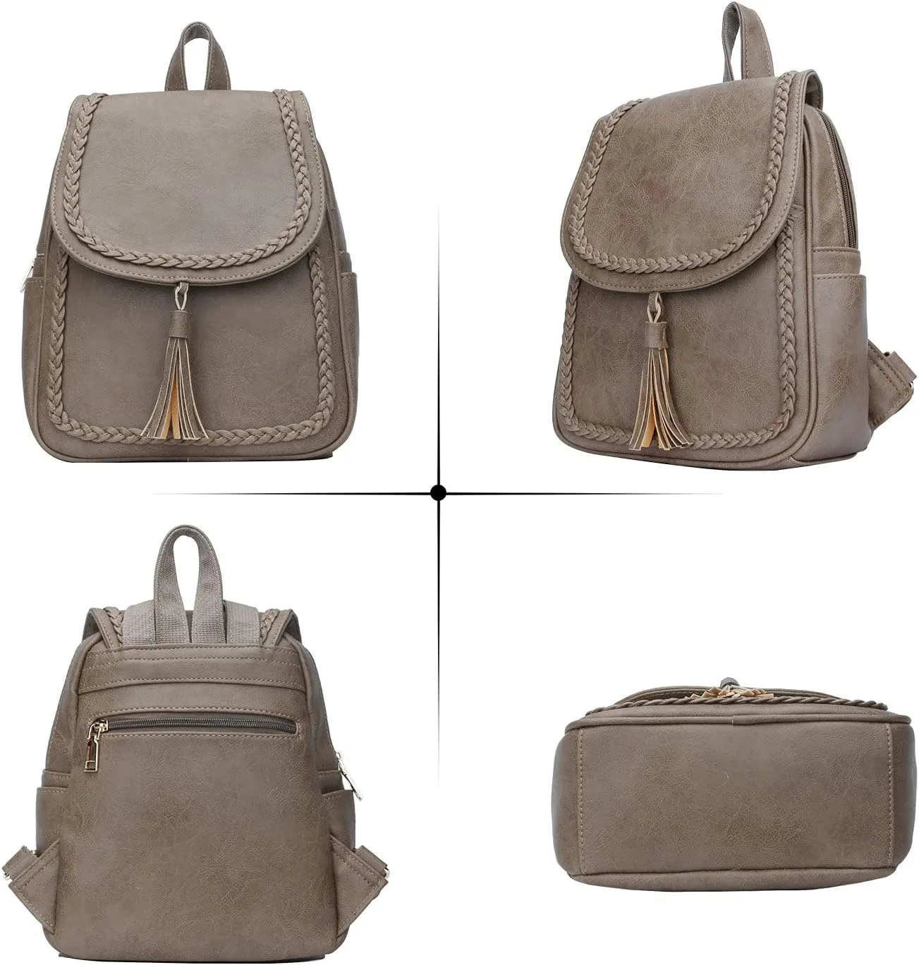 KKXIU Fashion Small Synthetic Leather Backpack Purse For Women and Ladies with Tassel (Khaki)
