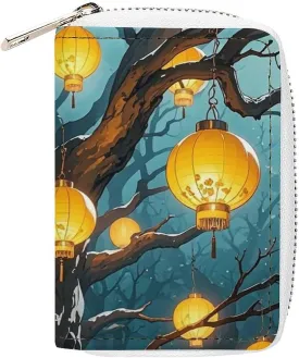 Lanterns Hang from The Trees Card Holder for Men Women, Leather Credit Card Holder with 20 Card Slots Small Purse with Zipper