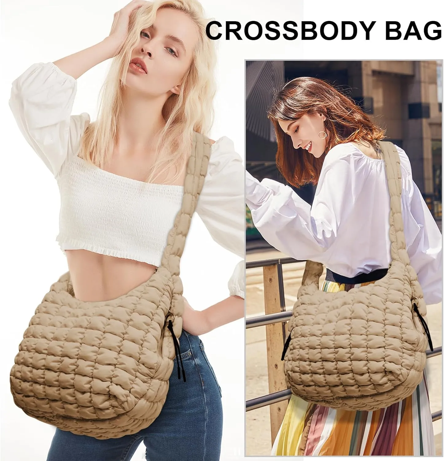 Large Puffer Tote Bag for Women Quilted Crossbody Bag, Hobo Quilted Tote Bag Crossbody Shoulder Handbags Puff Purse