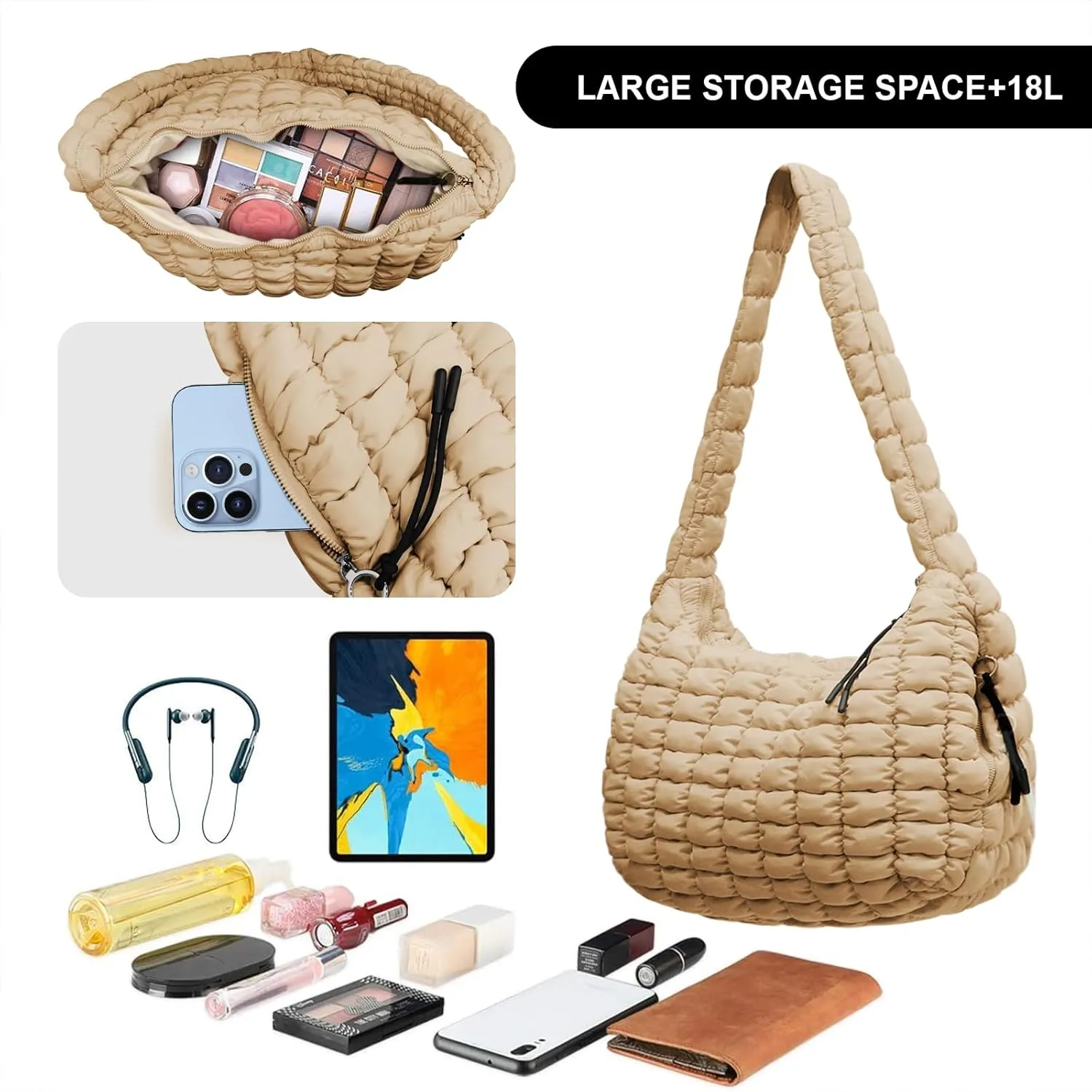 Large Puffer Tote Bag for Women Quilted Crossbody Bag, Hobo Quilted Tote Bag Crossbody Shoulder Handbags Puff Purse