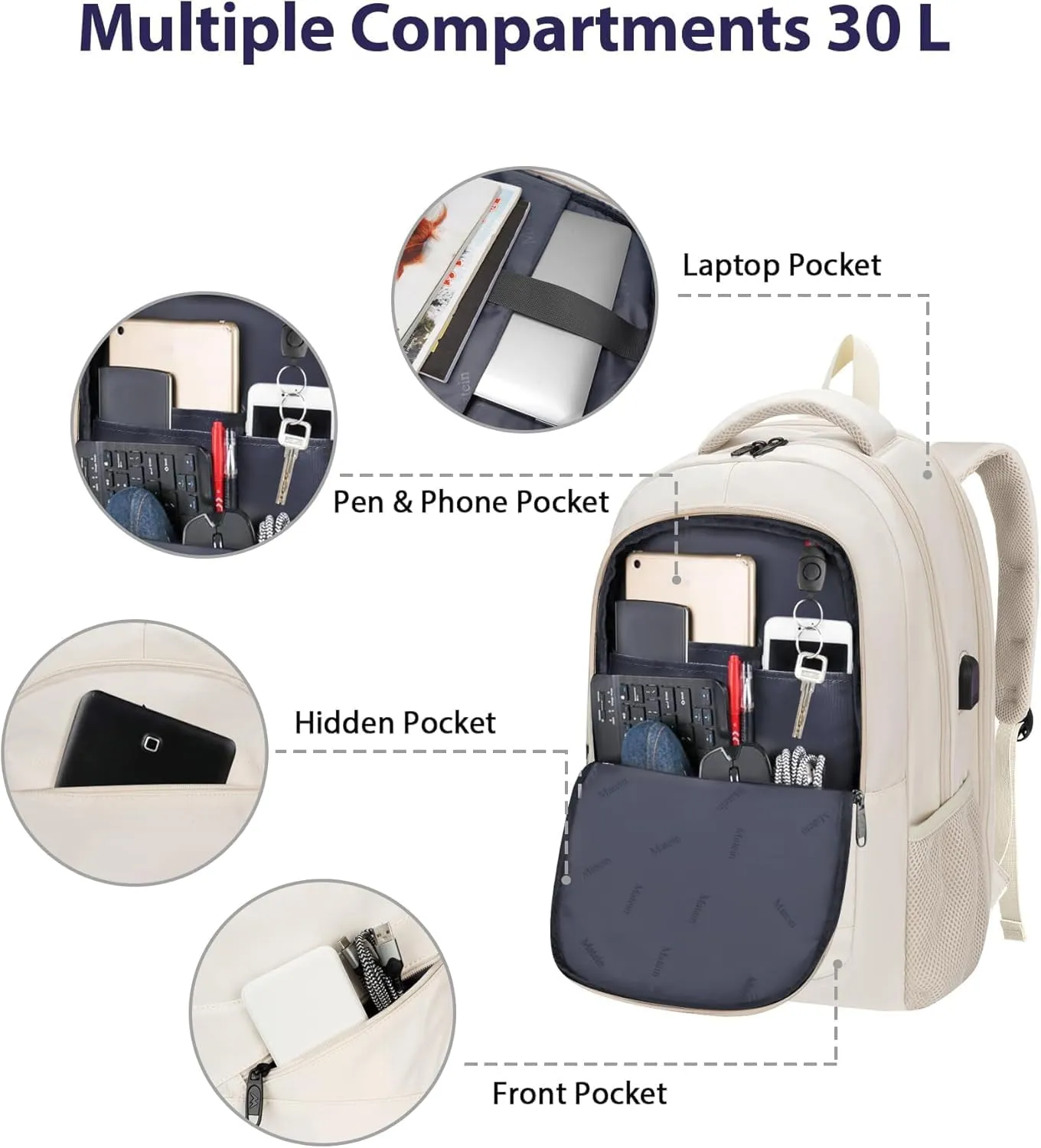 MATEIN 17 inch Laptop Backpack for Women, Big Travel Backpack TSA Approved with Luggage Strap, Nurse Work Bag with USB Charging Port, Water Resistant Bookbag for College, Beige