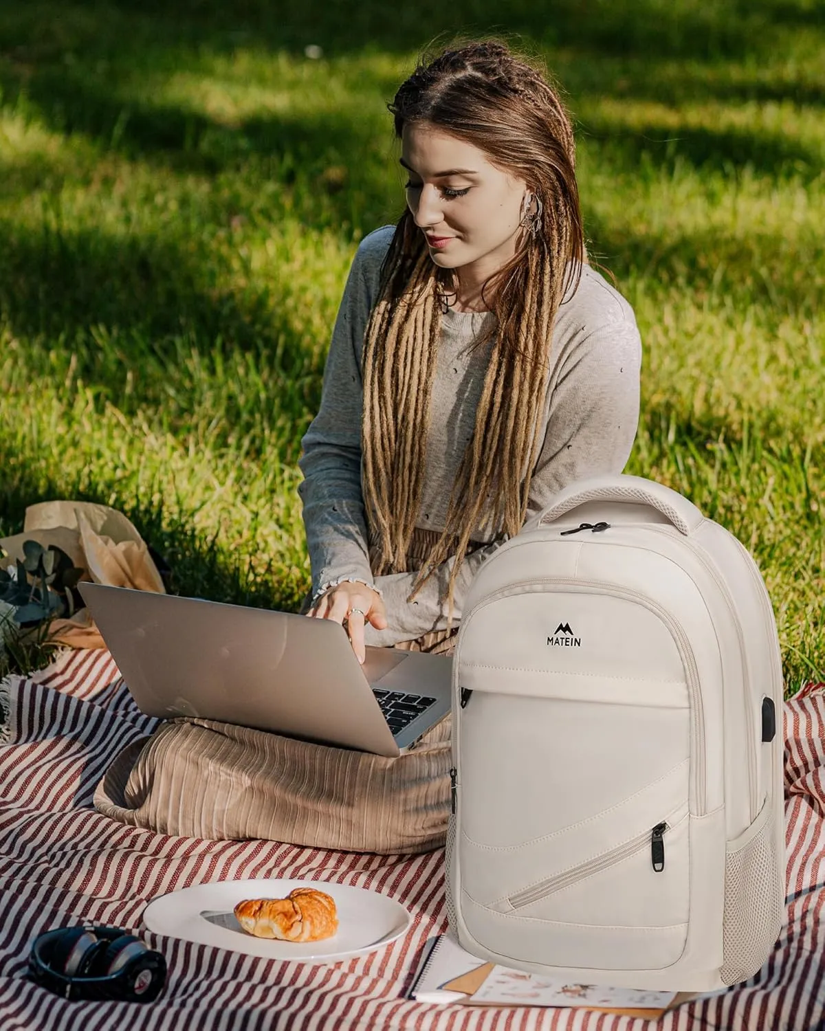 MATEIN 17 inch Laptop Backpack for Women, Big Travel Backpack TSA Approved with Luggage Strap, Nurse Work Bag with USB Charging Port, Water Resistant Bookbag for College, Beige