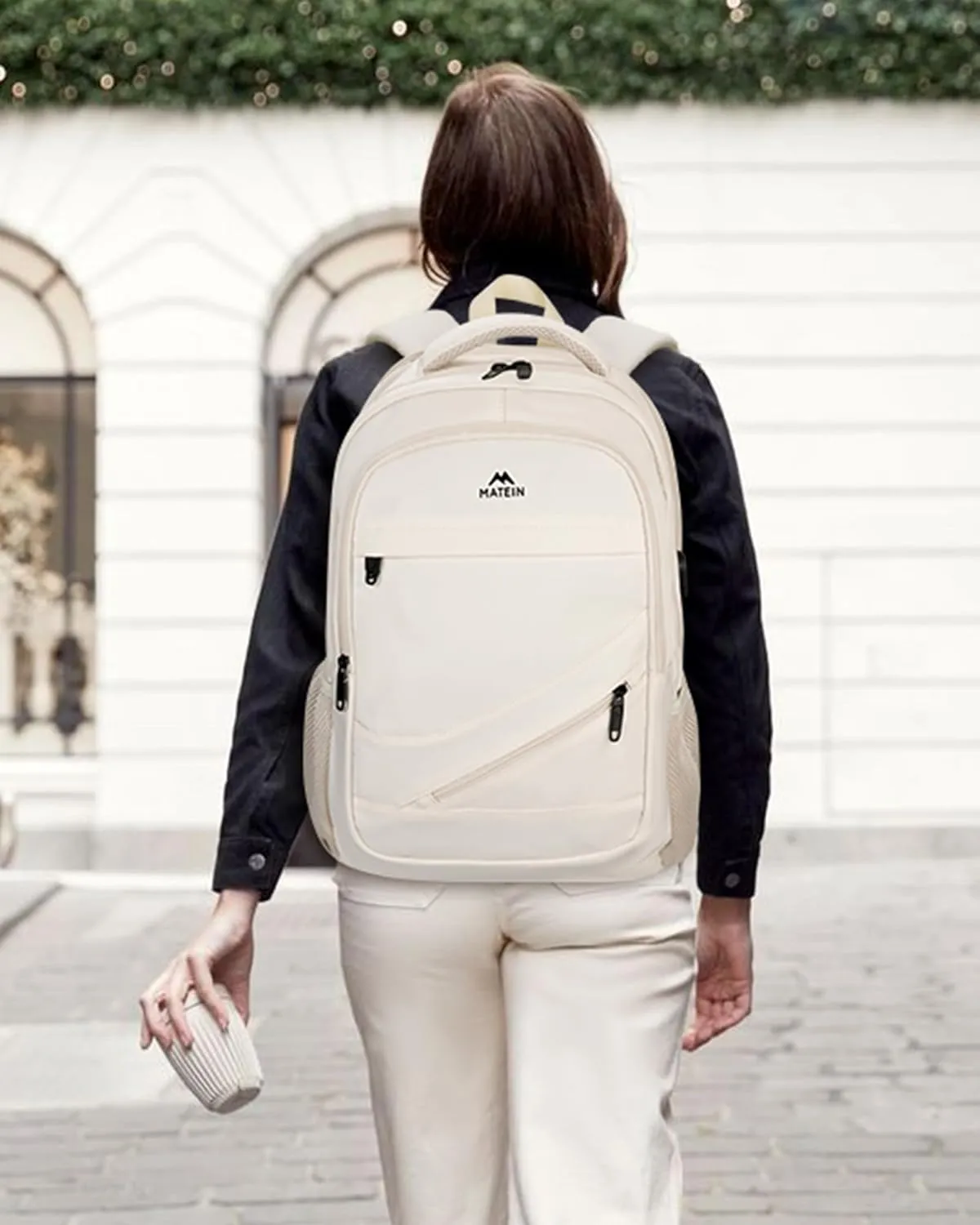 MATEIN 17 inch Laptop Backpack for Women, Big Travel Backpack TSA Approved with Luggage Strap, Nurse Work Bag with USB Charging Port, Water Resistant Bookbag for College, Beige