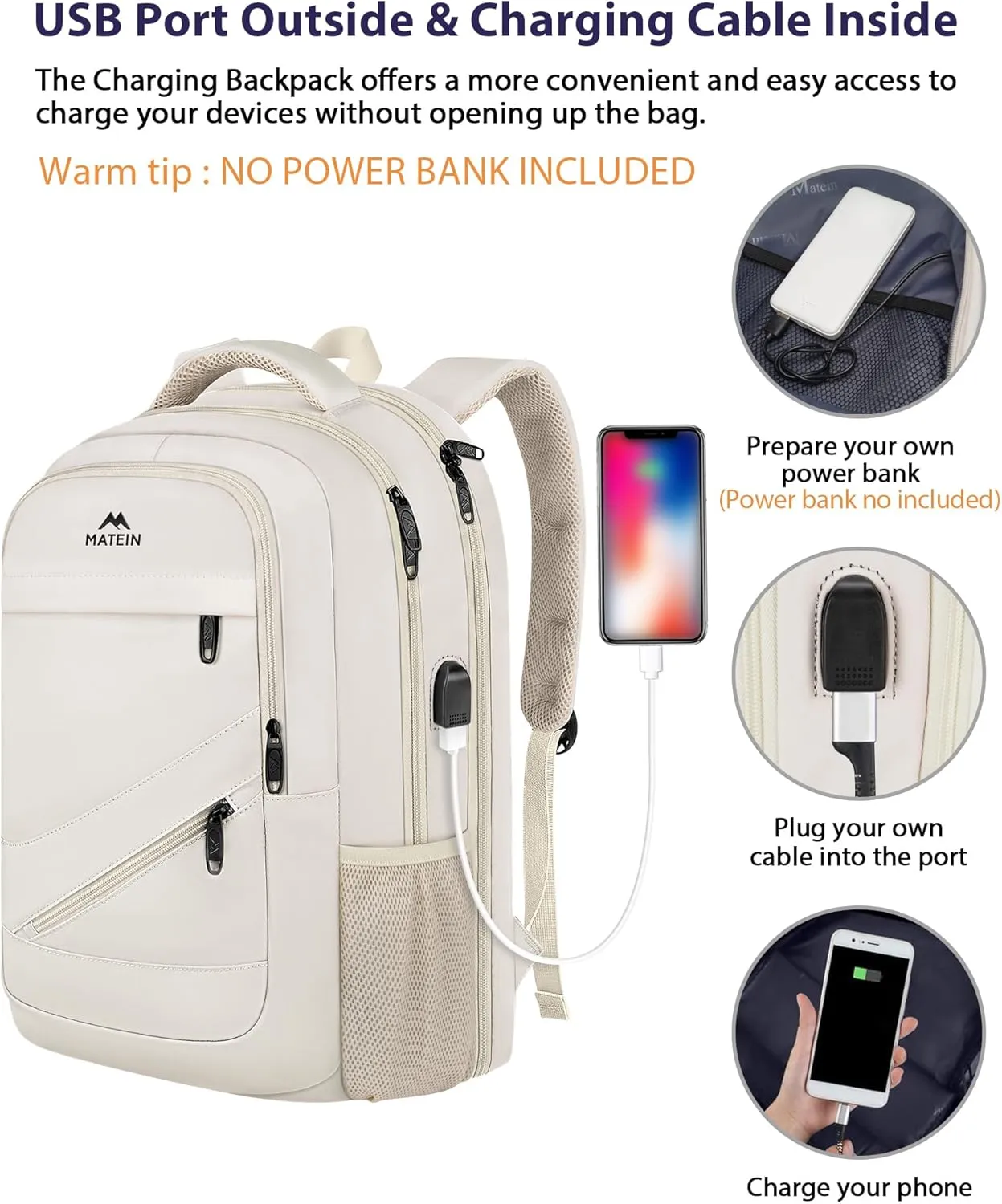 MATEIN 17 inch Laptop Backpack for Women, Big Travel Backpack TSA Approved with Luggage Strap, Nurse Work Bag with USB Charging Port, Water Resistant Bookbag for College, Beige