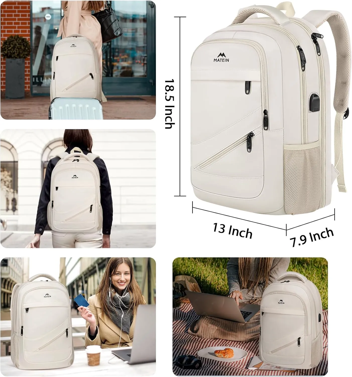 MATEIN 17 inch Laptop Backpack for Women, Big Travel Backpack TSA Approved with Luggage Strap, Nurse Work Bag with USB Charging Port, Water Resistant Bookbag for College, Beige