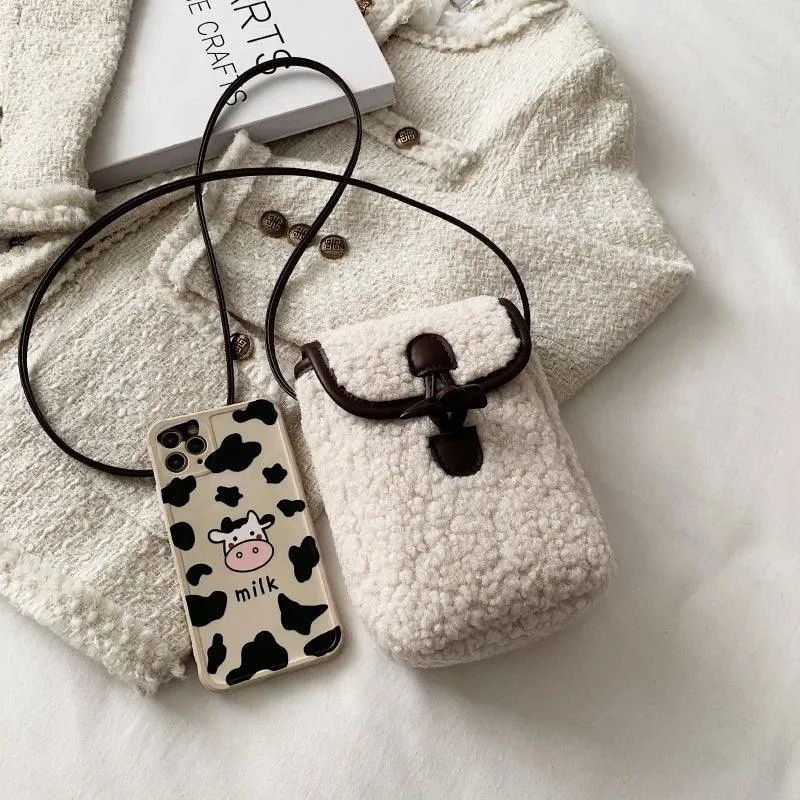 Mini Soft Lamb Down Fabric Plush Women's Toggle Flap Crossbody Phone Purses