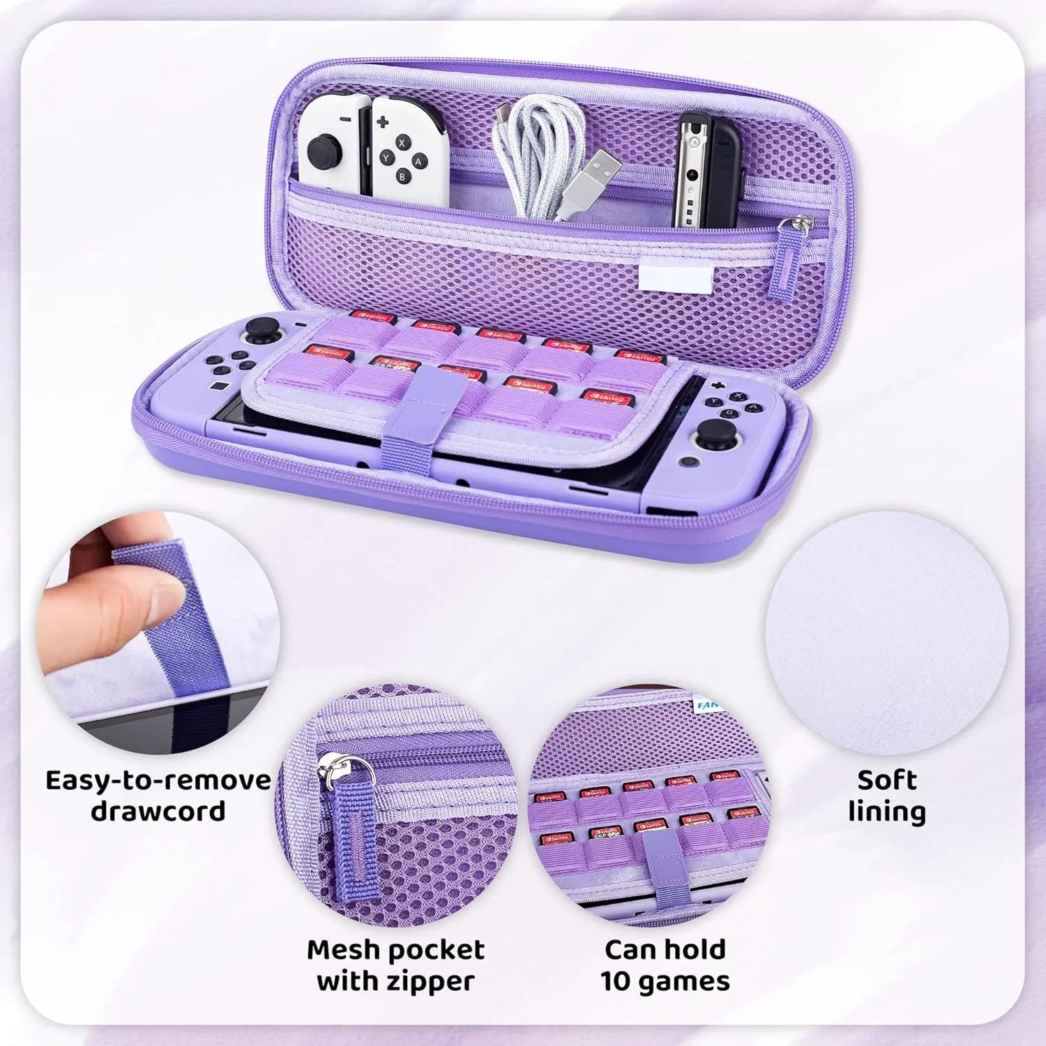 RHOTALL Sakura Embossing Cute Carrying Case Set for Nintendo Switch OLED, Accessories Bundle for Switch OLED with Hard Case, Screen Protector, 4 Thumb Caps, Wrist Band and Shoulder Strap (Purple)