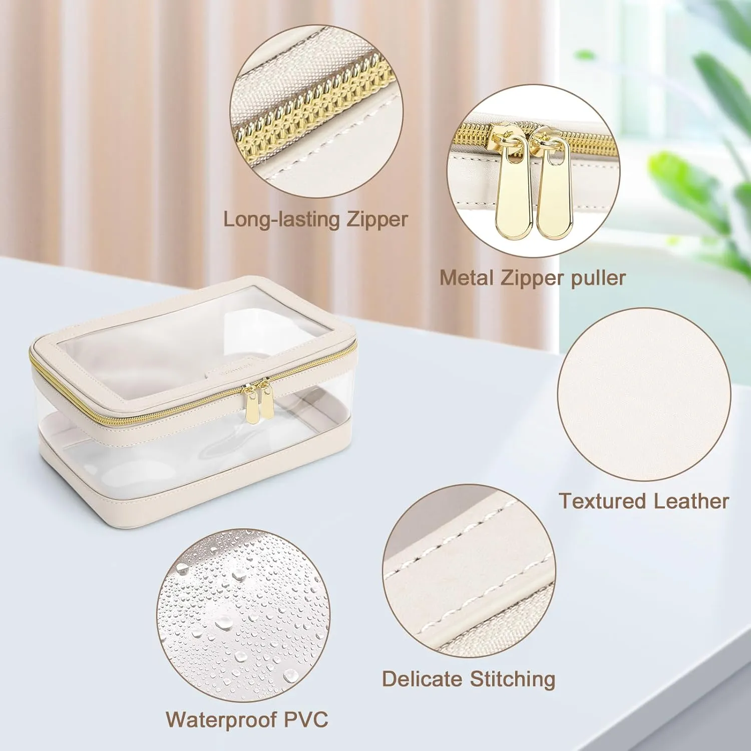 Travel Clear Makeup Bag with Makeup Brush Bag, Leather Makeup Case Toiletry Bag, Portable Cosmetic Bag Case, Transparent Waterproof Cosmetic Organizer Storage Bag for Women, Off-White